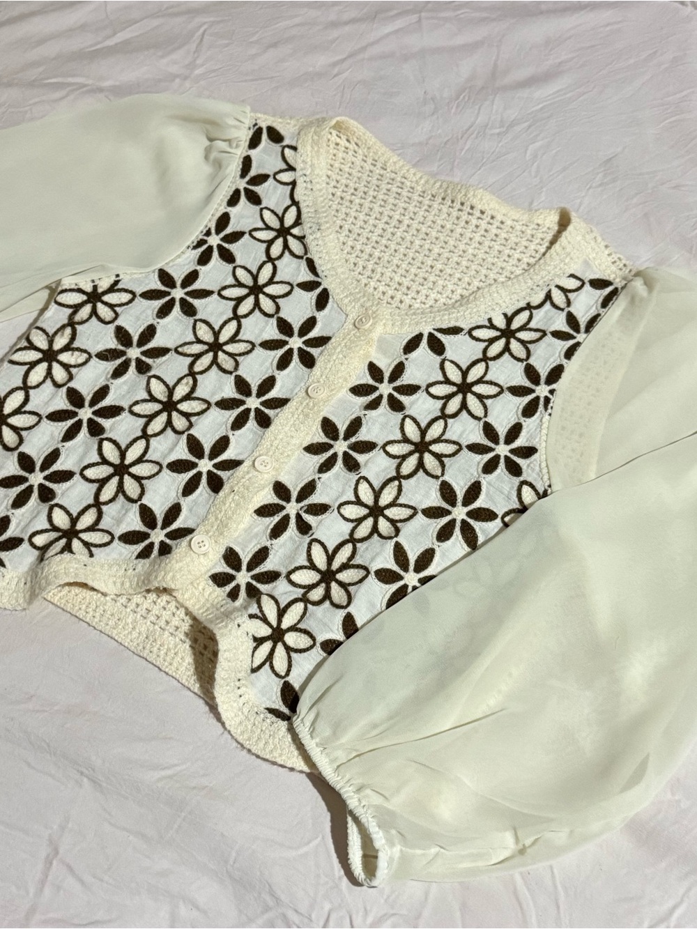Cream Crochet Floral Button-Up Blouse with Puff Sleeves Size Small